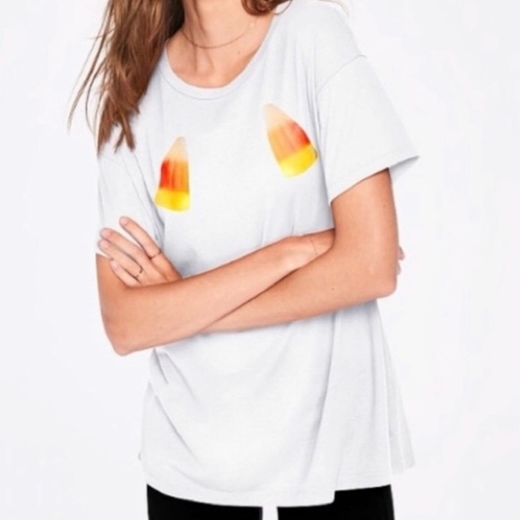 Victoria’s Secret PINK Women's White Graphic Tee Candy Corn - Picture 1 of 2